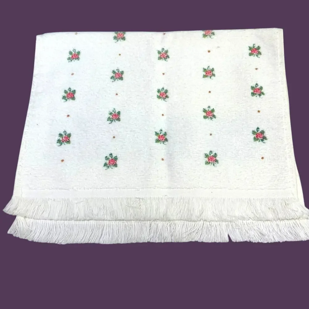 Vintage Cross Stitch Hearts Floral Hand Towel Fringe White 18x10.5 Cottage